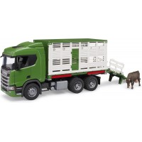 Игрушка Bruder грузовик Scania Super 560R для перевозки животных с фигуркой коровы (03548)