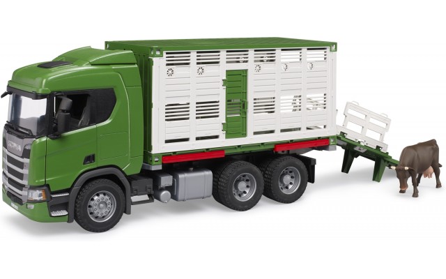 Игрушка Bruder грузовик Scania Super 560R для перевозки животных с фигуркой коровы (03548)
