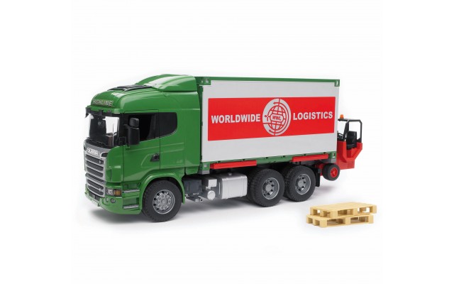 Игрушка Bruder фургон-контейнеровоз Scania с погрузчиком и паллетами (03580)
