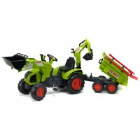 Трактор педальний Falk 1010WH Claas Axos 330 з двоосним причіпом, навантажувачем і екскаватором + лопата і грабли