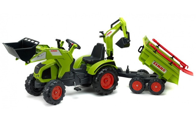 Трактор педальний Falk 1010WH Claas Axos 330 з двоосним причіпом, навантажувачем і екскаватором + лопата і грабли