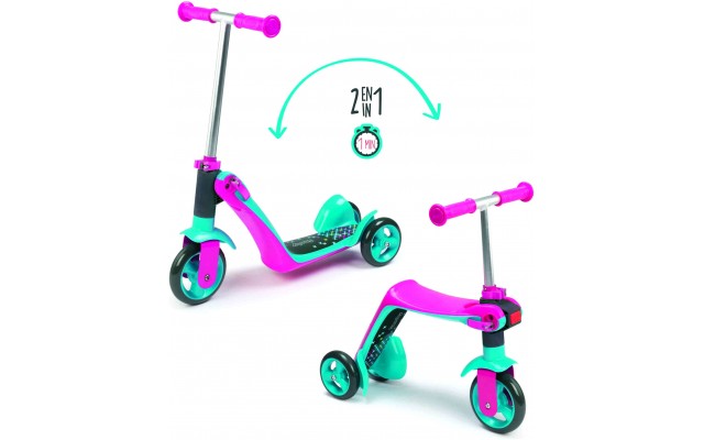 Самокат-трансформер Smoby Toys 2 в 1 с металлической рамой трехколесный розовый (750603)