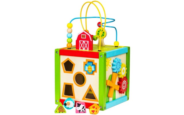 Деревянный бизикуб Ecotoys с сортером лабиринтом шестеренками (1004)
