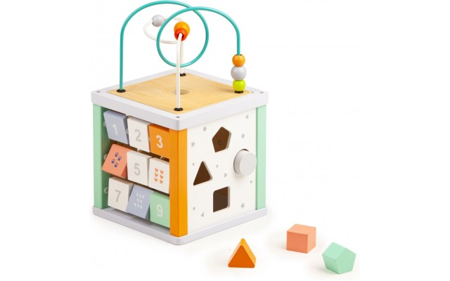 Деревянный бизикуб Ecotoys счёты с числами, сортер, лабиринт (1031)