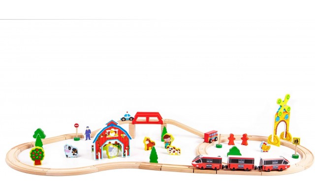 Дитяча дерев'яна залізниця Ecotoys з потягом на батарейках (HM180995)