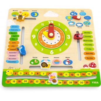 Обучаюший детский календарь из дерева Viga Toys с часами, на английском языке (44538)