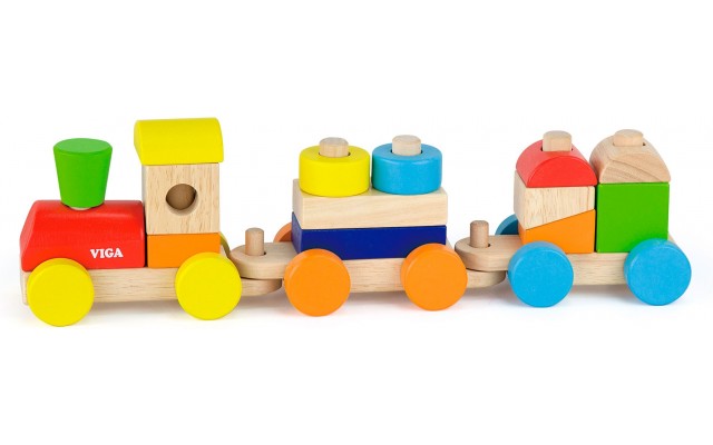Дерев'яна пірамідка Поїзд Viga Toys Кольорові кубики (51610)