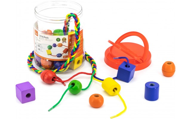Дерев'яна гра-шнурівка Viga Toys Різнокольорові намистини, 30 шт. (58466)