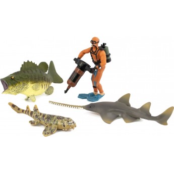 Набор фигурок Kids Team Морские жители: бычья акула, рыба пила, окунь, аквалангист (Q9899-P25_2)