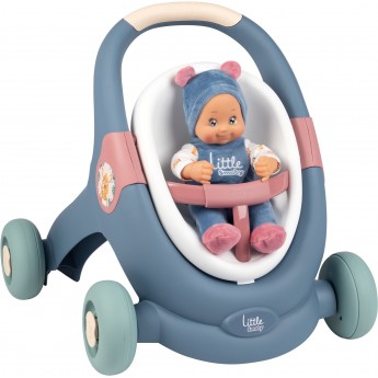 Коляска для куклы Smoby Little для прогулок 3-в-1 с пупсом синяя (140308)