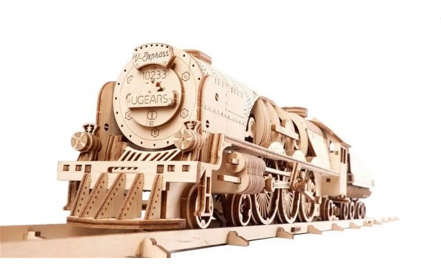 Дерев'яний 3D конструктор Ukrainian Gears Локомотив V-Експрес механічний (70058)