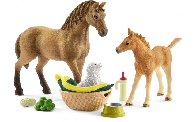 Набор Schleich Четвертьмильные лощадки, щенок и аксессуары для ухода (42432)